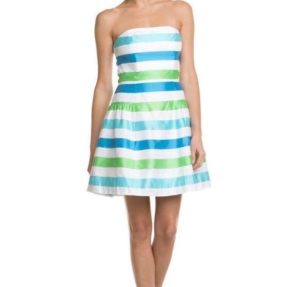 Lilly Pulitzer Womens Jordan Strapless Dress Corded Organza Stripe Blue Green 2 - Picture 1 of 12